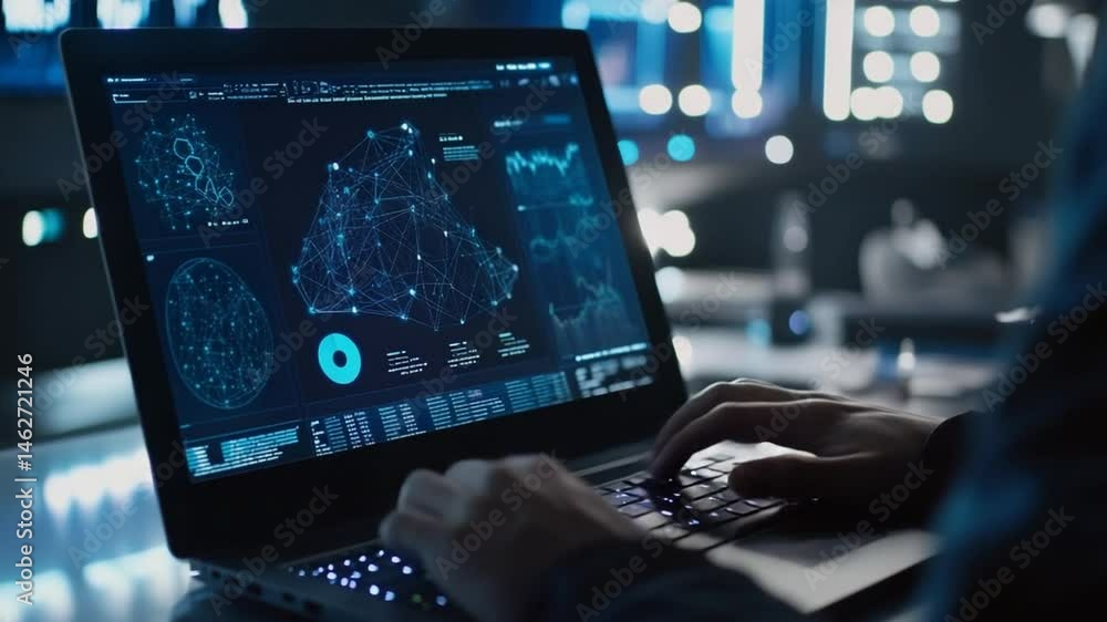 Aufkleber analyzing data on laptop screen for innovative software development solutions