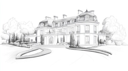 Grand mansion architectural sketch classical design elegant home illustration