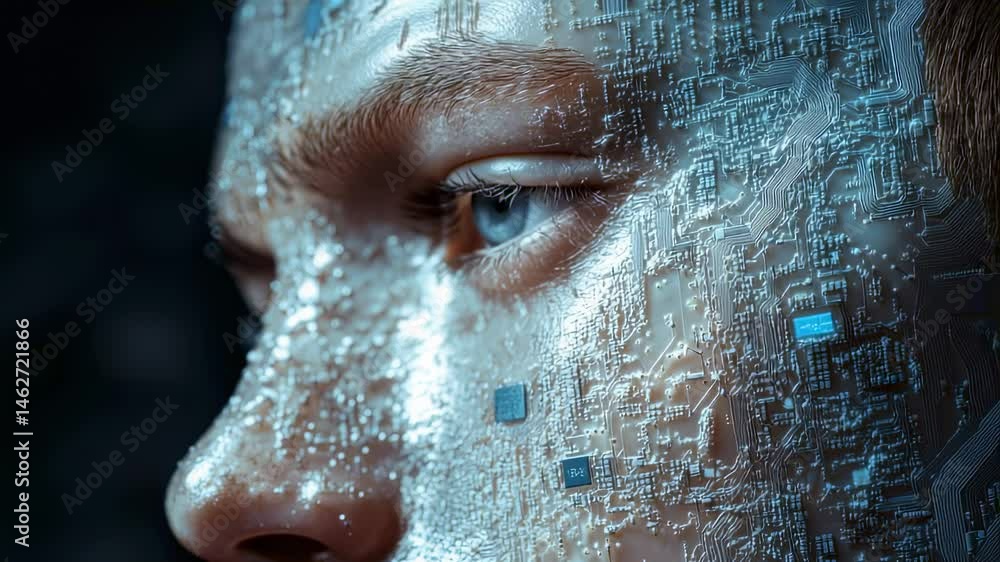 Poster close-up of a human face with integrated circuit patterns, futuristic tech concept