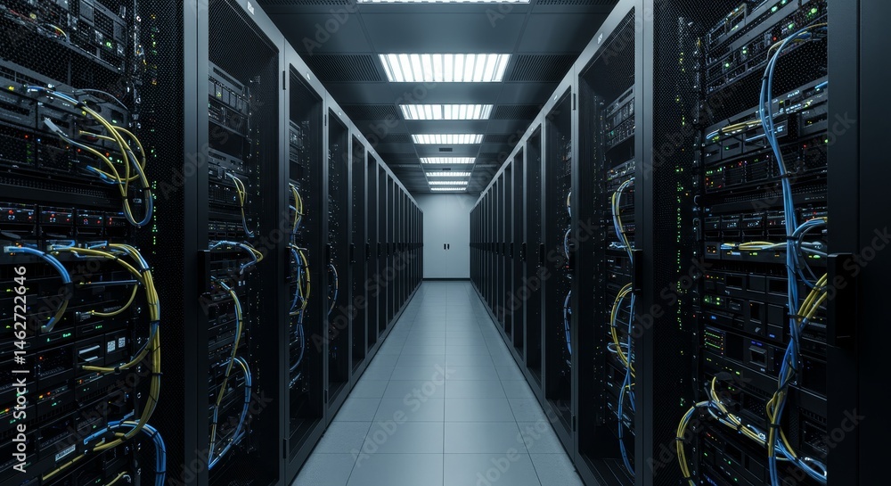 Poster secure server room data center network infrastructure - modern data center, server racks, network ca