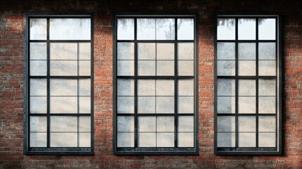 Three windows, brick wall, winter sunlight, industrial interior, design
