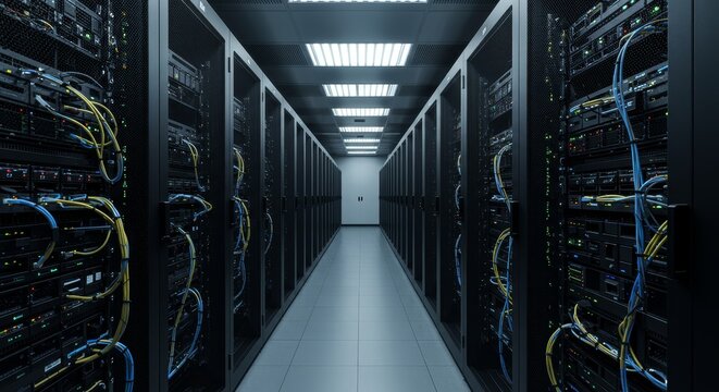 Secure Server Room Data Center Network Infrastructure - Modern data center, server racks, network cables, data security, infrastructure. Symbolizing technology, protection, connectivity, storage