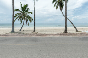 Side view of asphalt road with beach on sea and coconut tree.