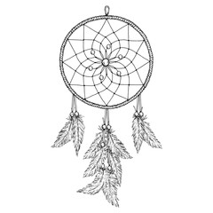 Vector illustration of a hand-drawn dreamcatcher with feathers and beads, created in ink line art. Suitable for esoteric designs, boho themes, crafts, textile prints, and wall decor.