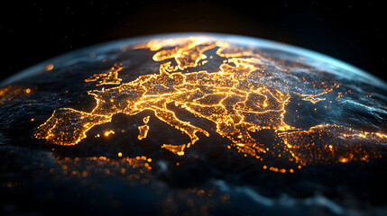 A breathtaking aerial view of Earth at night showcasing Europe's glowing city lights and global connectivity perfect for technology innovation or environmental awareness campaigns
