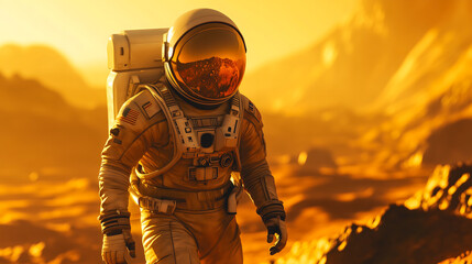 Un astronaute marche sur une surface désertique d'une planète rouge, avec un ciel orangé et une ambiance de fin de journée, observant les roches environnantes.