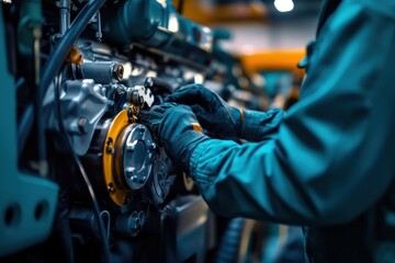 Fototapeta premium Mechanic Inspecting Bus Engine for Maintenance with Gloved Hands and Yellow Components