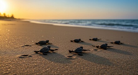 Obraz premium Baby sea turtles heading towards the ocean at sunrise on a sandy beach with the sun in the distance