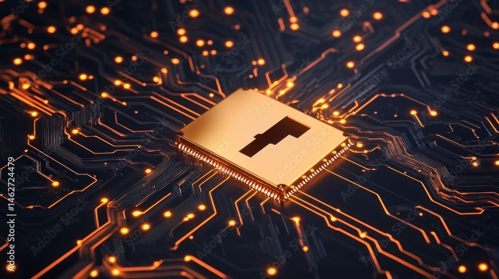 Poster golden microchip on illuminated circuit board technology and innovation