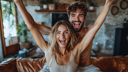 Happy couple, joyful, arms raised