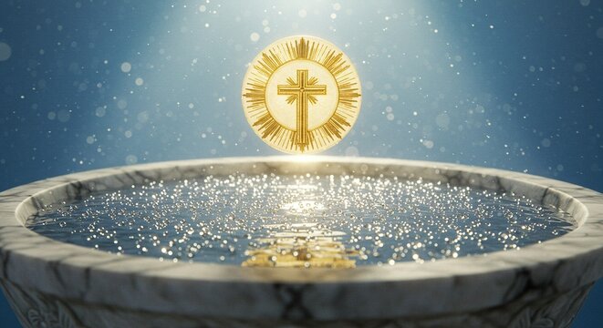 Golden cross emblem above a marble baptismal font filled with water under a bright blue sky backdrop