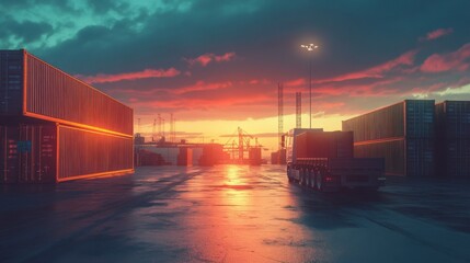 Fototapeta premium Cargo management logistics security concept. Industrial port with trucks and shipping containers at sunset.