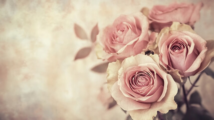 Fototapeta premium A beautiful close up photograph of a bouquet of pink roses with soft lighting and a vintage background.
