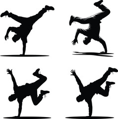 Set of Hip-Hop Dancer Silhouette in Breakdance Freeze Pose – One-Hand Balance Vector on White Background