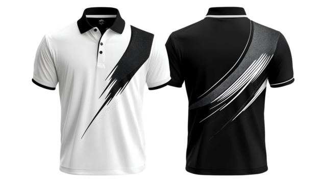  White polo shirt design template with a black geometric pattern on the chest area, front and back view, isolated on a transparent background in PNG file format for graphic creation