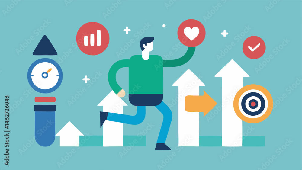 Poster goal setting a patient enthusiastically setting fitness goals on their smarch with animated upward a