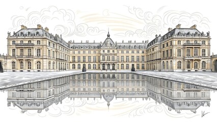 Digital Illustration of the Palace of Fontainebleau Reflecting in a Pool, Showing Symmetry and Grand Architecture, Suitable for Travel, History, or Art-Related Projects, with Artistic Clouds 
