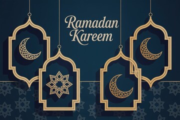 Golden Ramadan Kareem greeting features celestial Islamic symbols framed against a dark blue patterned background