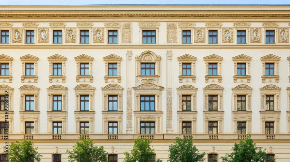 Poster classical building facade with ornate windows and symmetrical design