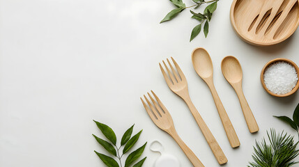 This image showcases sustainable bamboo kitchen tools and natural elements ideal for eco-friendly product promotions or a healthy lifestyle blog header