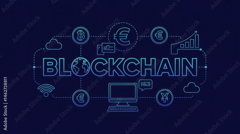 Poster blockchain technology visualization: an eye-catching graphic design illustrates the concept of block