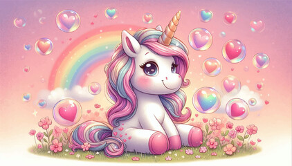 Naklejka premium A cute unicorn sitting on a lawn with pink flowers, around which soap bubbles with hearts are flying on a pink background with a rainbow. A greeting card. Vector graphics. EPS.