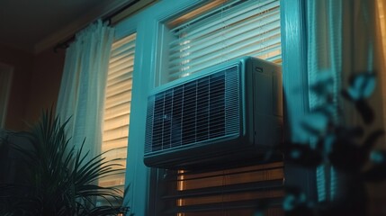 Window air conditioner mounted on a window at night.  Ambient light from the window illuminates the unit