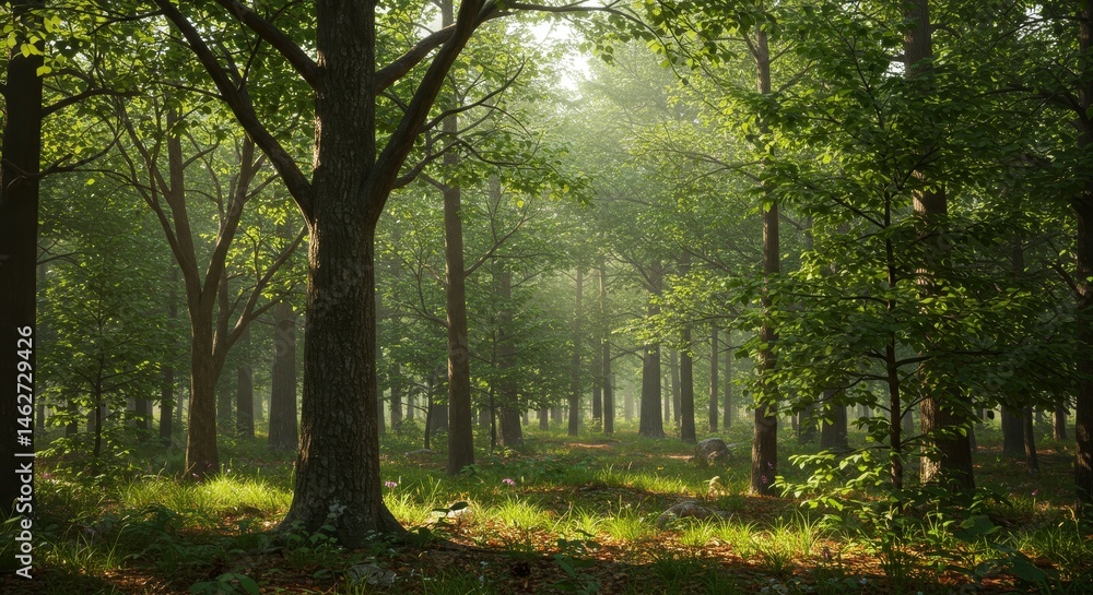 Poster sunlit forest path - serene sunbeams filter through lush green leaves in a dense forest, illuminatin