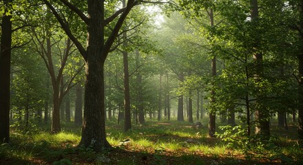 Obraz premium Sunlit Forest Path - Serene sunbeams filter through lush green leaves in a dense forest, illuminating a tranquil path