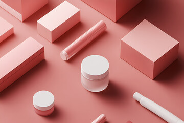 A minimalistic arrangement of pink cosmetic containers and geometric shapes on a soft pink background