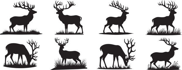 Black silhouettes collection of  deer various poses grassy background