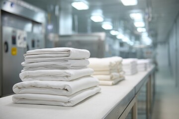 A stunning image of clean White Sheets Organized Alongside Neatly Folded Surgical Clothes in an Industrial Laundry Environment.