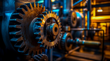 Gears and cogs on steel pipes in an industrial setting, showcasing the use of gears for machinery protection or metalwork