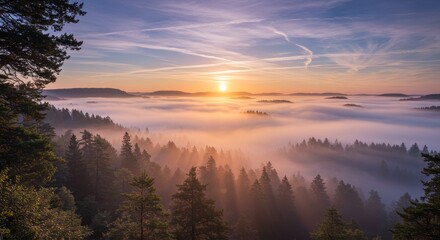 Sunrise Over Misty Forest - Breathtaking sunrise view over a misty forest landscape, showcasing vibrant colors and serene atmosphere