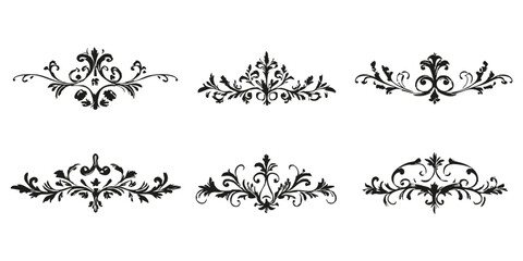 Ornate Floral Design Elements Silhouette Set. Elegant Decorative Flourishes For Invitations And Crafts. Isolated Vector Illustration Collection