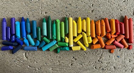 Colorful pastel sticks arranged in a rainbow gradient on concrete