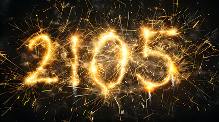 Sparkling 2105 numbers glowing with fireworks on dark background. 