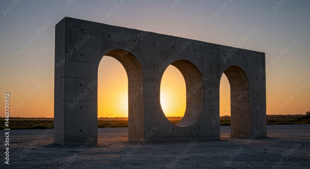 Poster sunset through concrete archway - a concrete structure with three arched openings frames a vibrant s