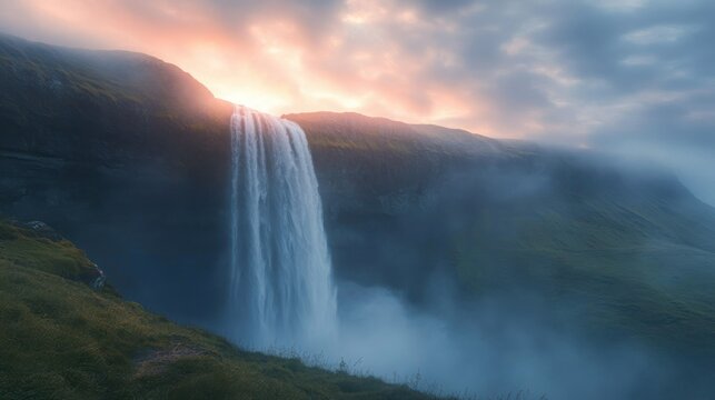 Majestic waterfall cascading into misty mountains at sunrise