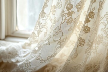 Delicate beige lace curtain gently blowing near a bright window, creating a soft, romantic atmosphere.