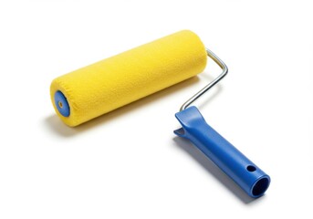 Close up of a yellow paint roller with a blue handle isolated on white background