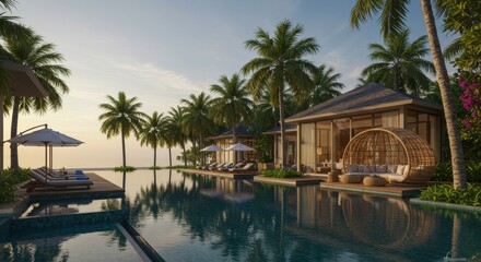 Fototapeta premium Tropical Villa Poolside Paradise - Luxury beachfront villa, infinity pool, palm trees, sunset, tranquil escape. Symbolizing relaxation, luxury, escape, paradise, serenity