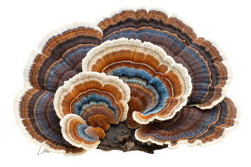 Trametes versicolor (Turkey Tail mushroom) isolated on white background, detailed medicinal fungus
