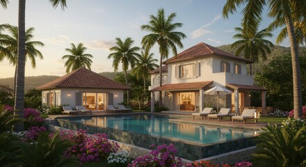 Fototapeta premium Tropical Villa with Private Pool - Luxury villa rental featuring a private pool, surrounded by lush tropical landscaping and palm trees. Perfect for a relaxing getaway