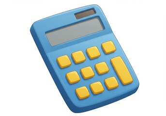 A blue calculator with yellow buttons isolated on white background