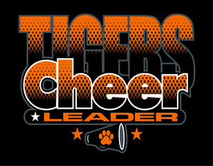 cheerleader design with megaphone, tigers and paw print for school, college or league sports