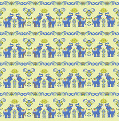 Damask flowers and animals seamless pattern with elephants for fabric and decorative design
