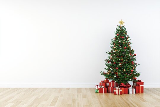 A simple Christmas scene features a decorated Christmas tree and presents on a light-colored wooden floor against a white wall