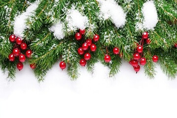 Festive winter sprigs with snow and berries. Evergreen branches covered in glistening snow, with clusters of vibrant red berries.  A horizontal arrangement against a plain white background
