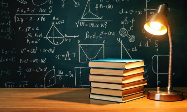 Stack of books and lamp on desk with chalkboard in background
